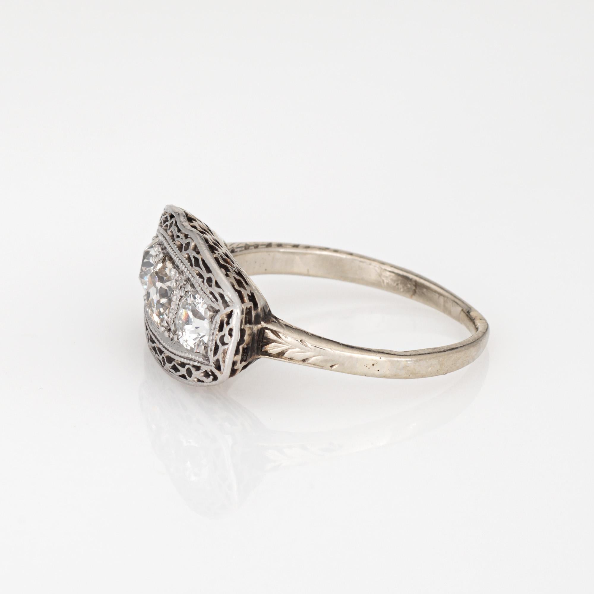 Taglio antico europeo Anello vintage Art Deco con diamante Sz 5.5 Oro bianco 10k con 3 pietre in vendita