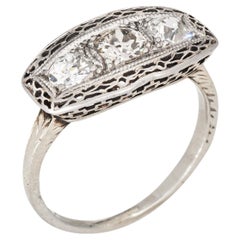 Vintage Art Deco Diamond Ring Sz 5.5 10k White Gold 3 Stone Band Fine Jewelry