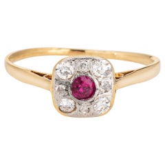 Antique Art Deco Diamond Ruby Ring 18k Yellow Gold Platinum Small Square Sz 6