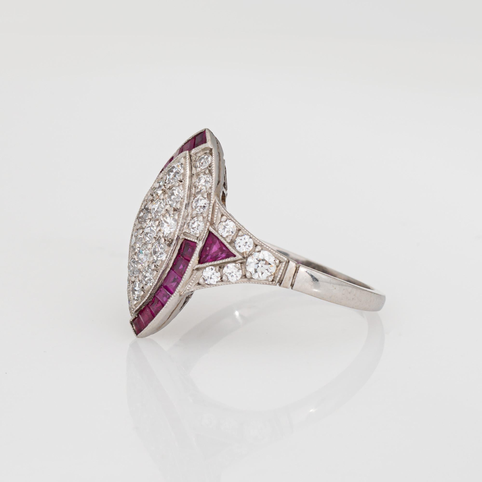 Vintage Art Deco Diamant Rubin Ring Sz 5,5 Platin Navette Estate Jewelry (Alteuropäischer Schliff) im Angebot