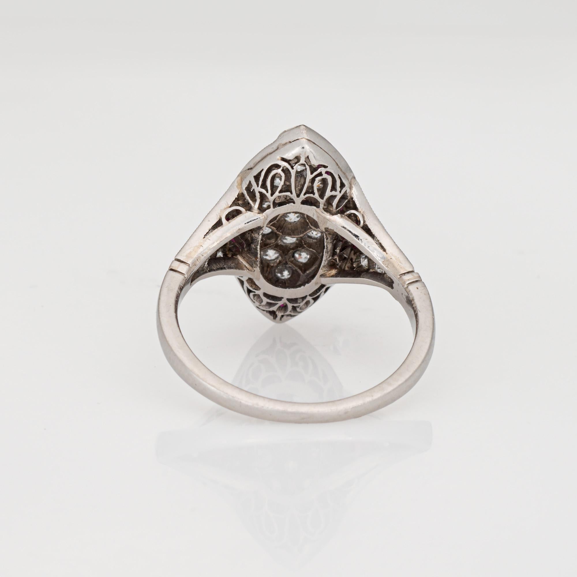 Vintage Art Deco Diamant Rubin Ring Sz 5,5 Platin Navette Estate Jewelry im Zustand „Gut“ im Angebot in Torrance, CA