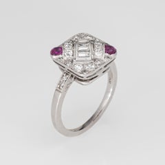 Vintage Art Deco Diamond Ruby Square Ring Sz 7.25 Platinum Jewelry 1920s