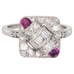 Vintage Art Deco Diamond Ruby Square Ring Sz 7.25 Platinum Jewelry 1920s