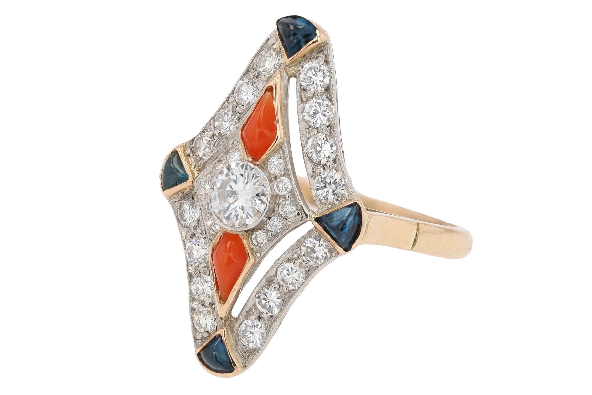 Round Cut Vintage Art Deco Diamond Sapphire and Coral Cocktail Ring For Sale