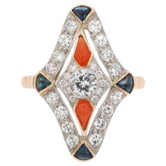Antique Art Deco Diamond Sapphire and Coral Cocktail Ring
