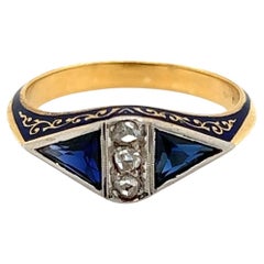 Vintage Art Deco Diamond Sapphire and Enamel Gold Ring