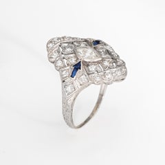 Vintage Art Deco Diamond Sapphire Arrow Ring Sz 6.25 Platinum Navette Jewelry