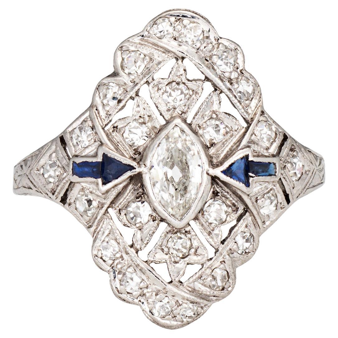 Vintage Art Deco Anillo de diamantes zafiro flecha Sz 6.25 Platino Navette Joyería