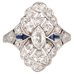 Vintage Art Deco Diamond Sapphire Arrow Ring Sz 6.25 Platinum Navette Jewelry