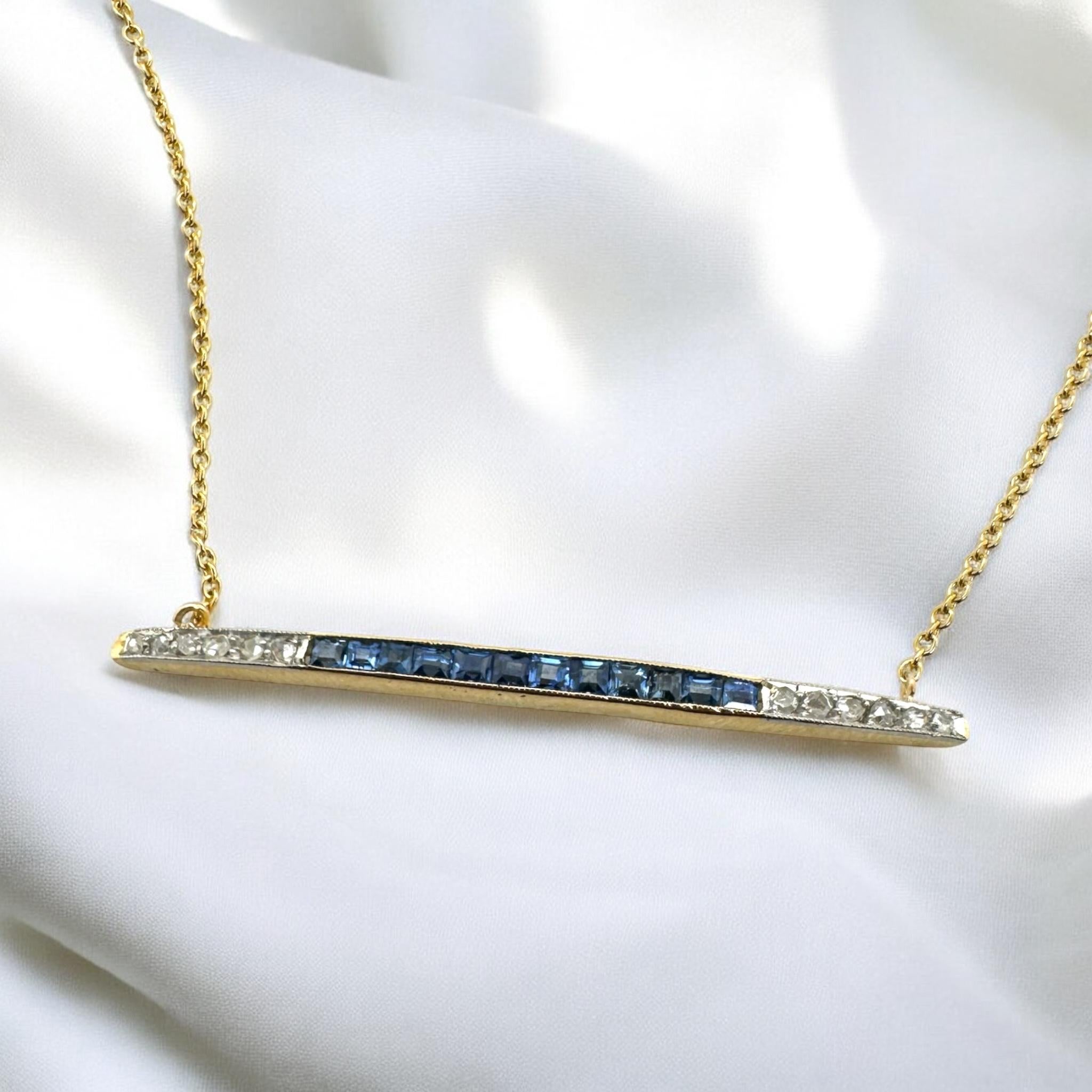 We always love making these vintage bar necklaces!!
She was converted from a lovely vintage bar pin into a lovely necklace for you to wear & enjoy!!

Necklace Details
Material: 18K Yellow Gold Bar 14K Yellow Gold Chain
Bar Length: 1 3/4 Inches
Bar