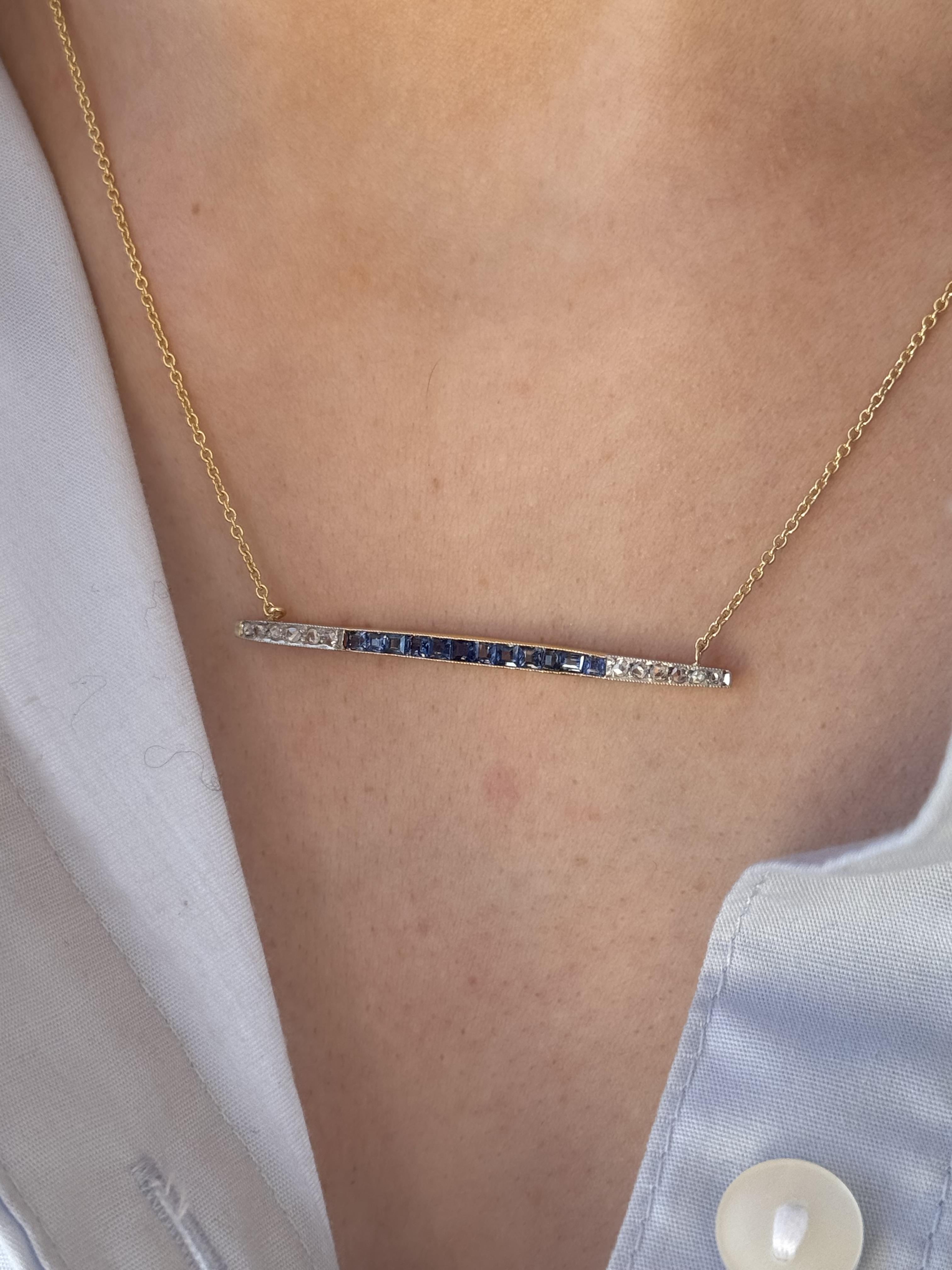 Rose Cut Vintage Art Deco Diamond & Sapphire Bar Necklace