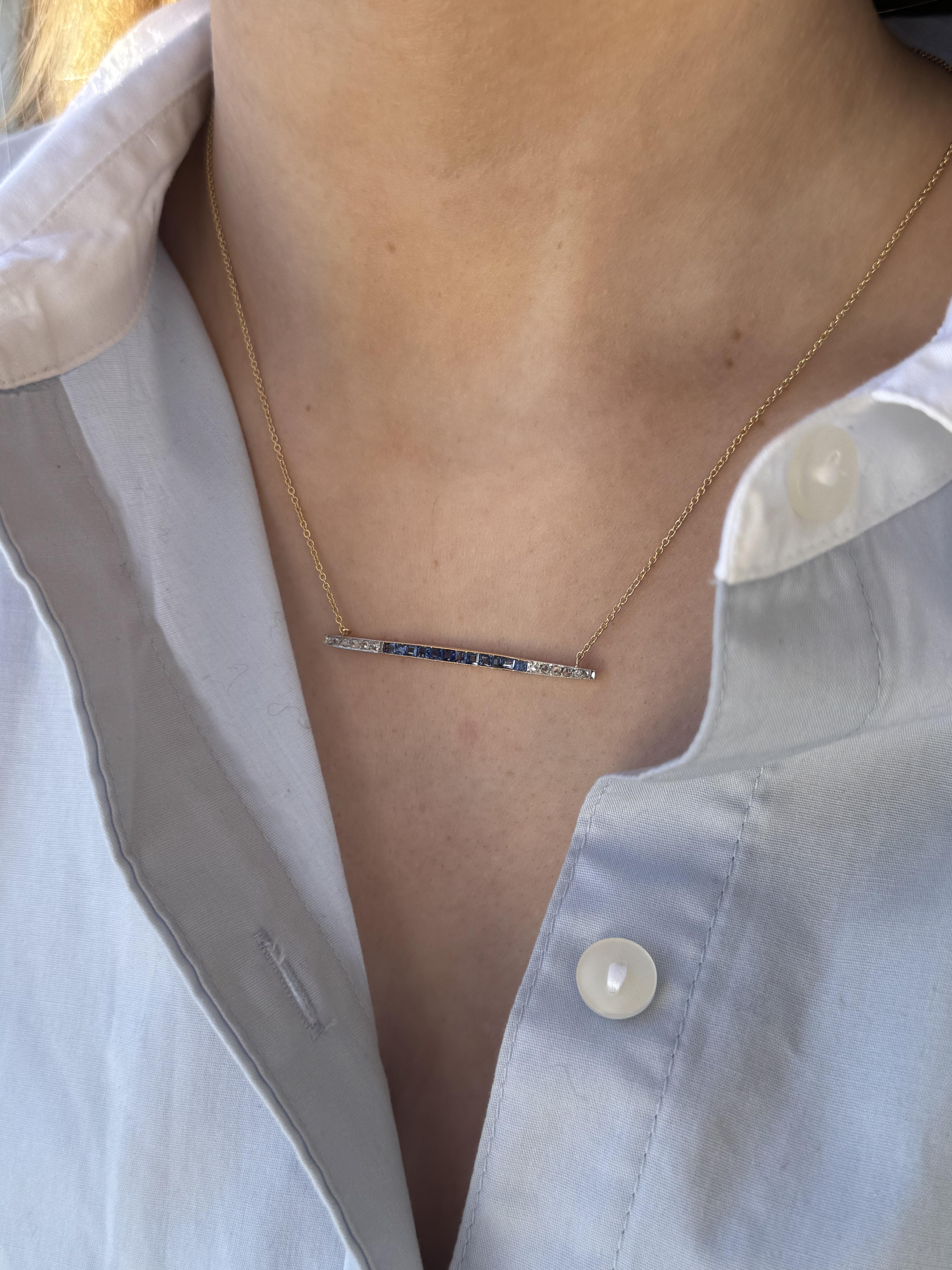 Vintage Art Deco Diamond & Sapphire Bar Necklace In Excellent Condition In Montgomery, AL