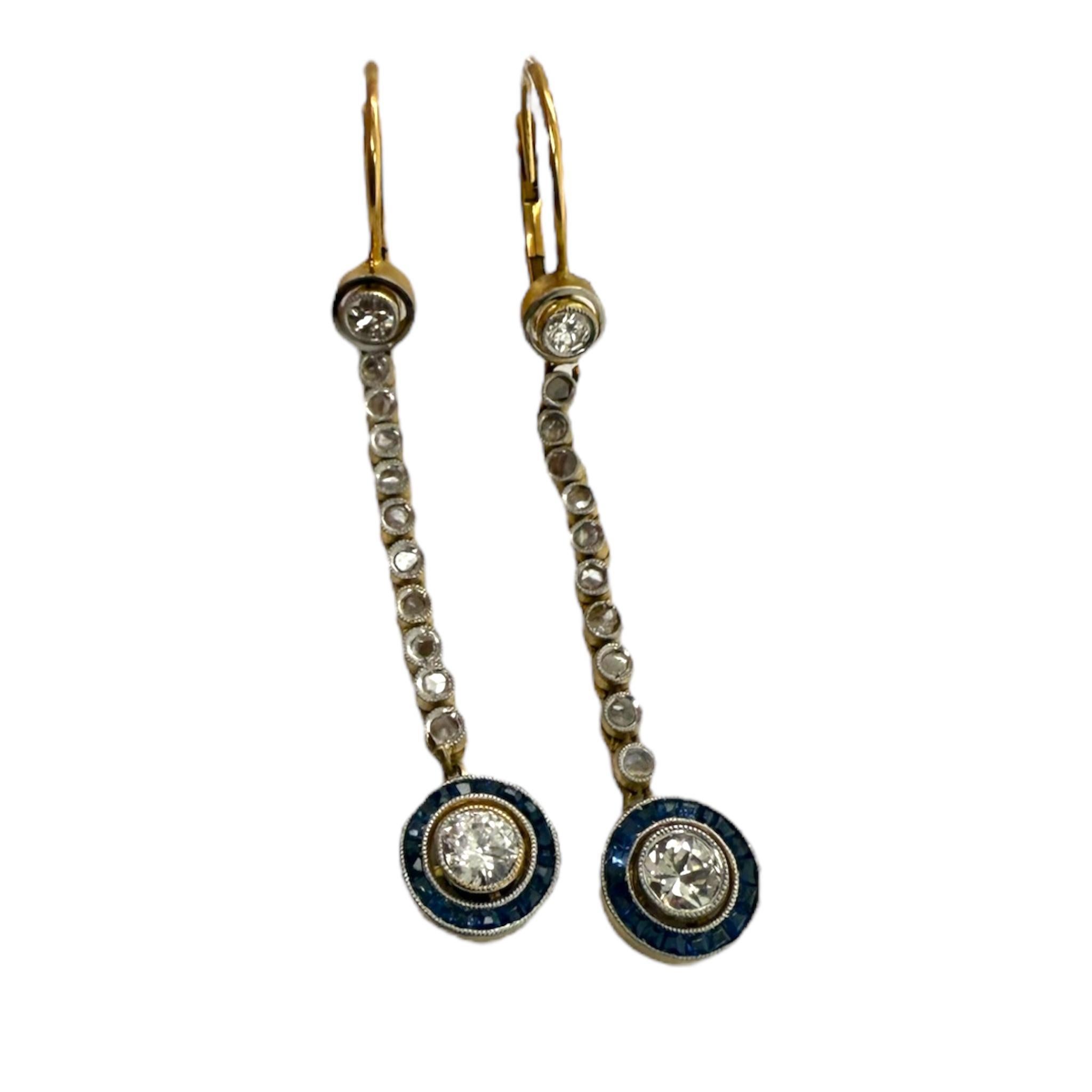 Vintage Art Deco Diamant & Saphir Ohrringe baumeln im Angebot 1