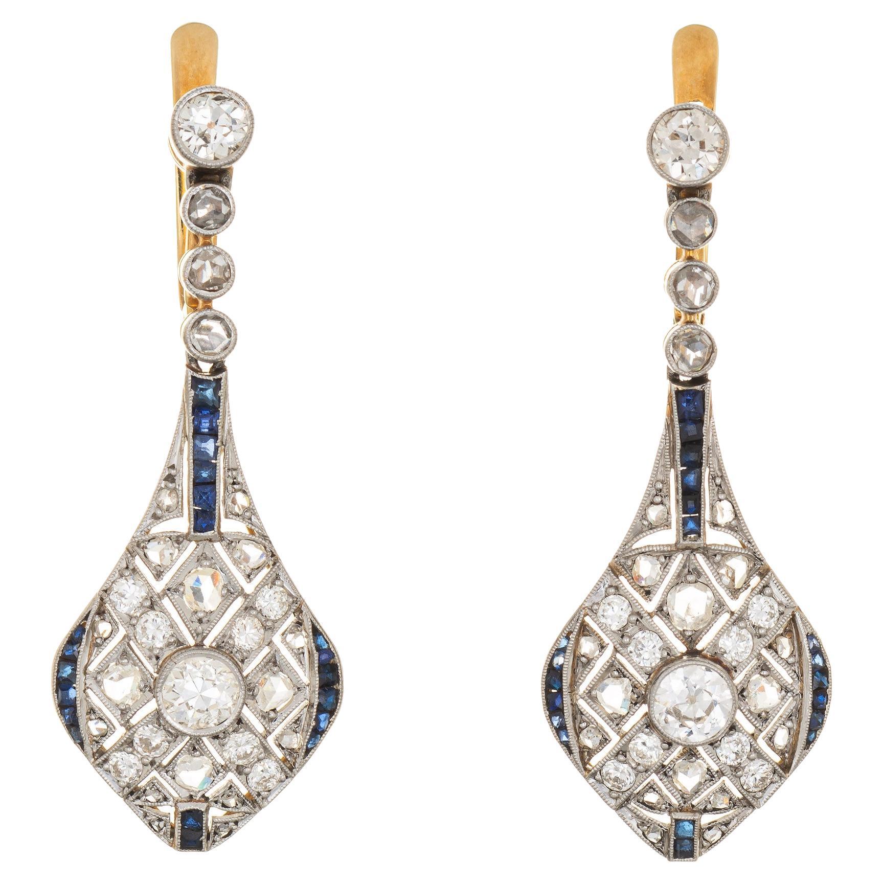 Vintage Art Deco Diamond Sapphire Earrings Drops 18k Gold Platinum Fine Jewelry