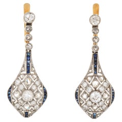 Antique Art Deco Diamond Sapphire Earrings Drops 18k Gold Platinum Fine Jewelry