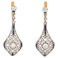 Antique Art Deco Diamond Sapphire Earrings Drops 18k Gold Platinum Fine Jewelry