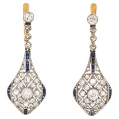 Vintage Art Deco Pendientes de diamantes zafiro gotas 18k Oro Platino Joyería fina