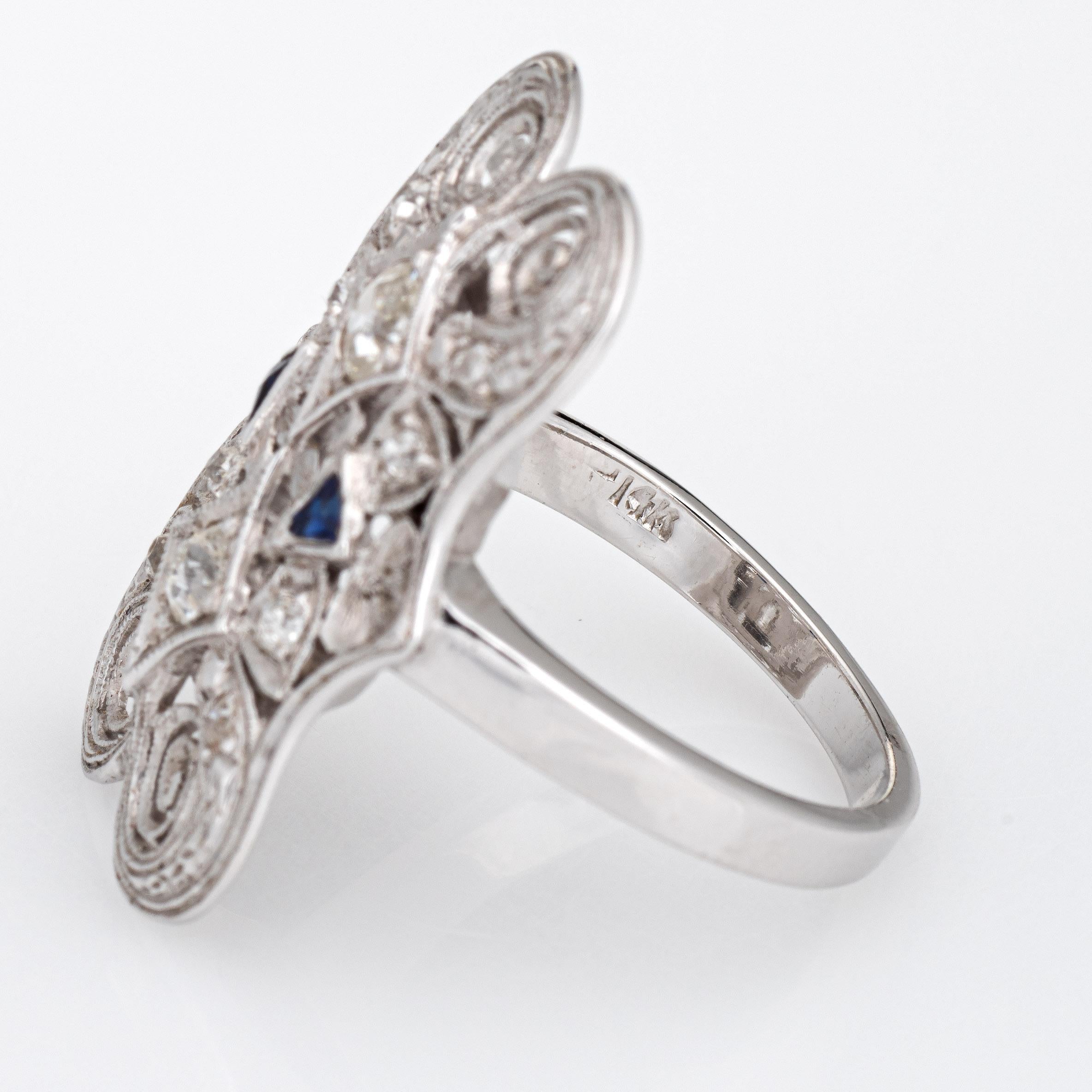 Vintage Art Deco Diamond Sapphire Ring 14k White Gold Filigree 6 Dinner Jewelry In Good Condition For Sale In Torrance, CA