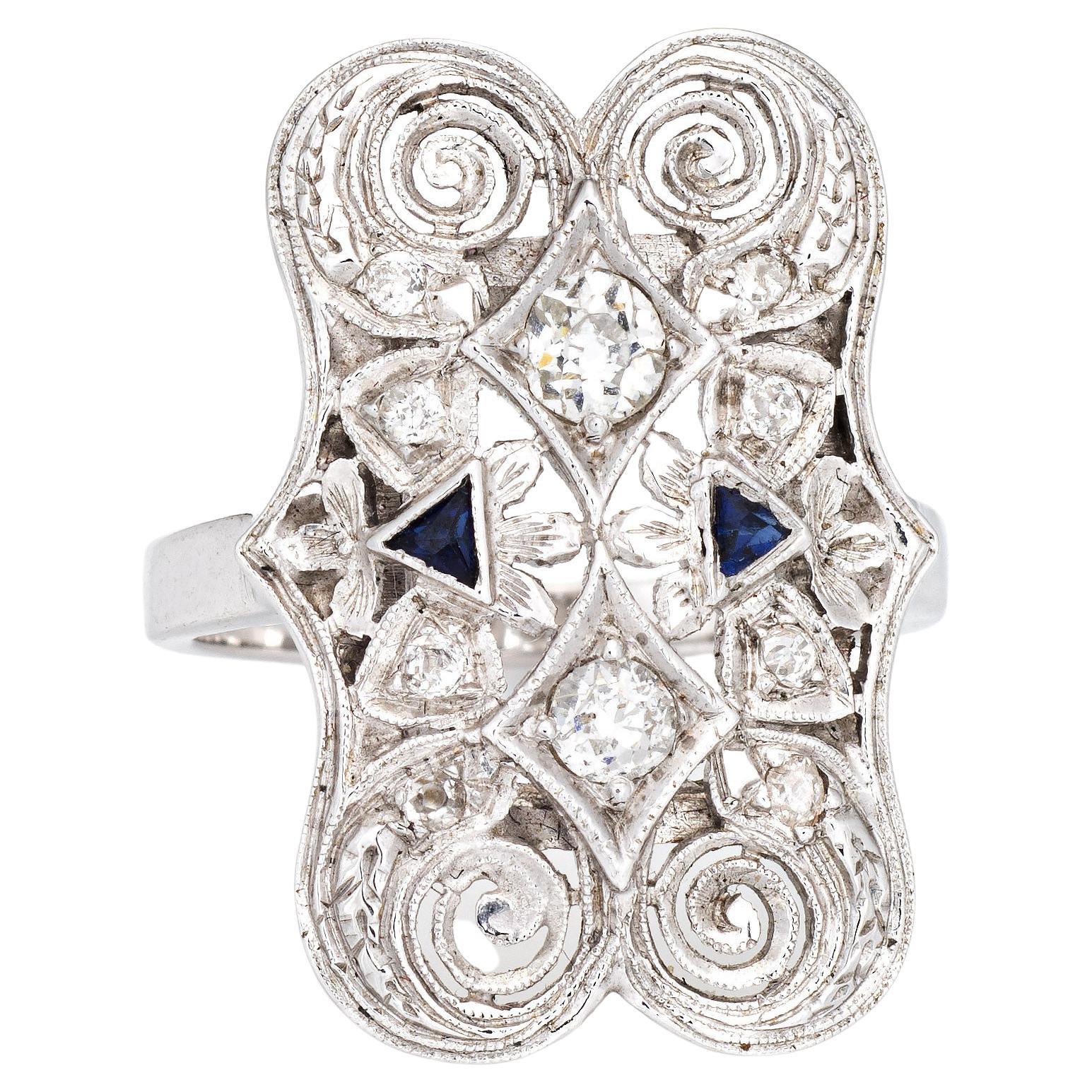 Vintage Art Deco Diamond Sapphire Ring 14k White Gold Filigree 6 Dinner Jewelry