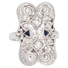 Vintage Art Deco Diamond Sapphire Ring 14k White Gold Filigree 6 Dinner Jewelry