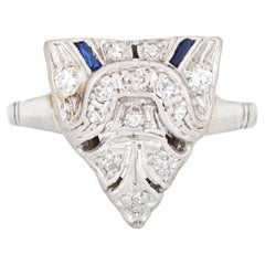 Vintage Art Deco Diamond Sapphire Ring 14k White Gold Triangle Jewelry Sz 5.75
