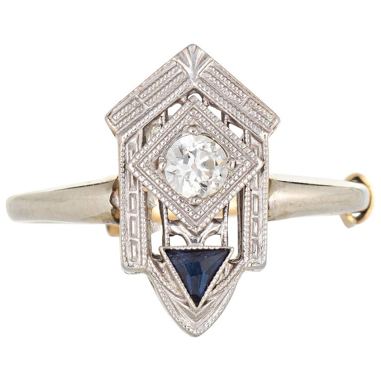 Vintage Art Deco Diamond Sapphire Ring 18 Karat White Gold Fine Antique ...