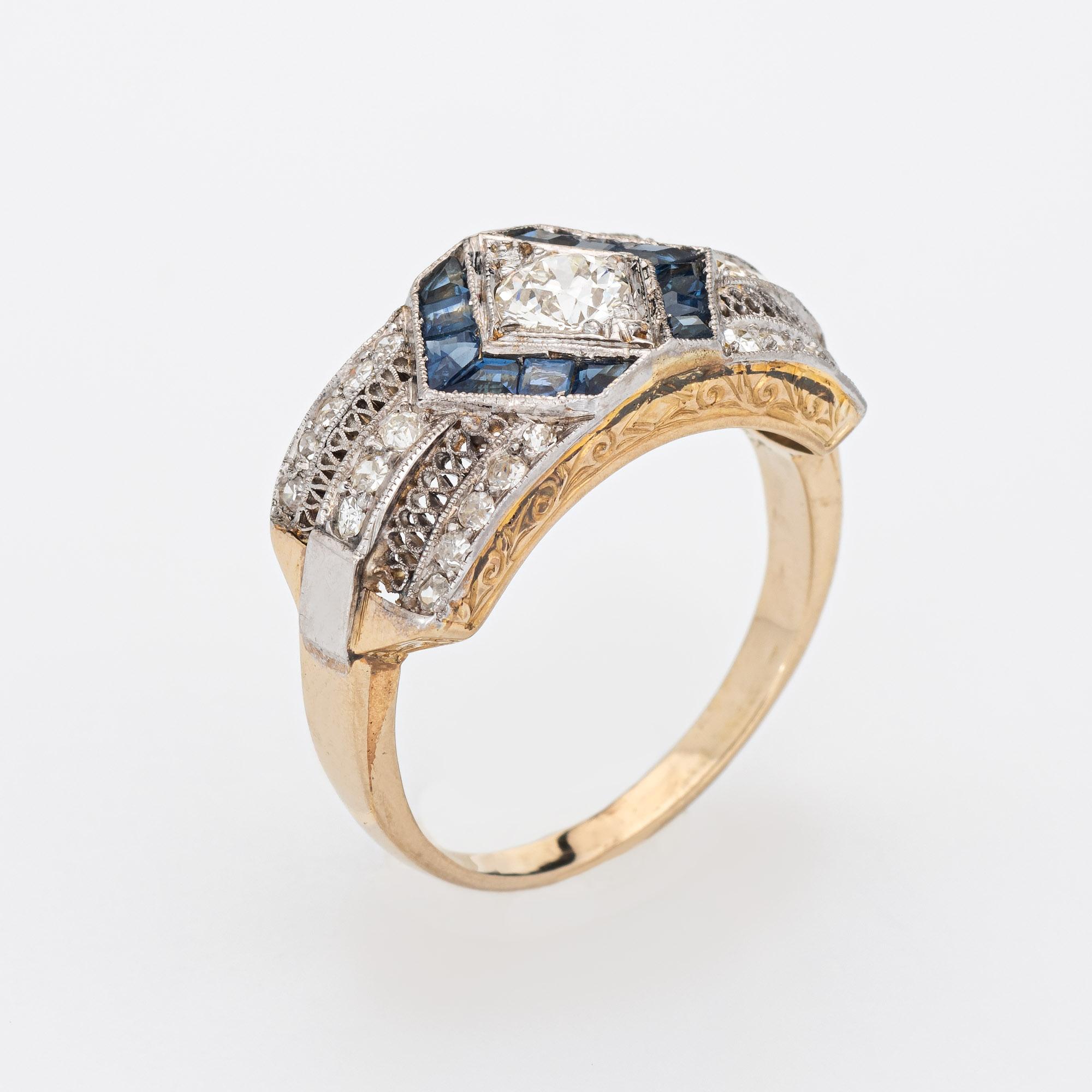 Finely detailed vintage Art Deco diamond & sapphire ring (circa 1920s to 1930s) crafted in 18k yellow gold & platinum. 

Center set old European cut diamond is estimated at 0.40 carats, accented with an estimated 0.28 carats of single cut diamonds.
