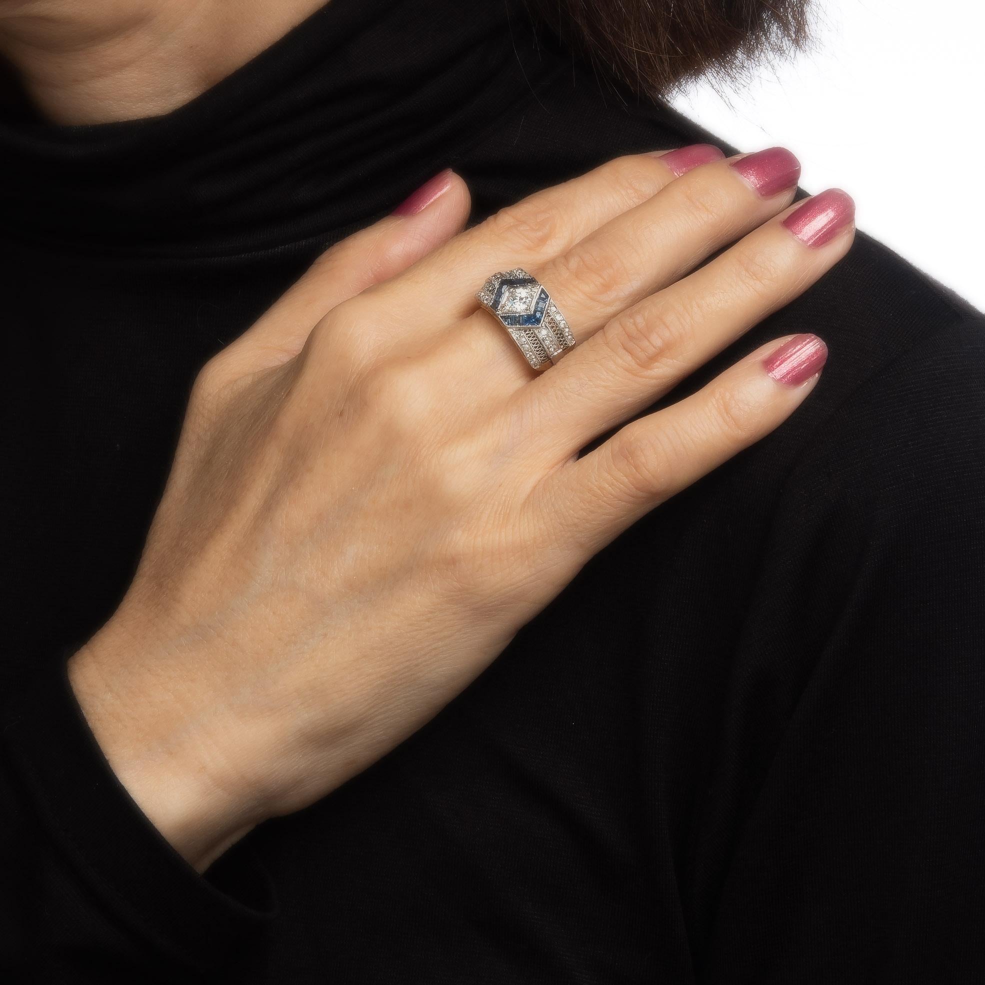 Women's Vintage Art Deco Diamond Sapphire Ring 18k Gold Platinum Band Estate Jewelry  For Sale