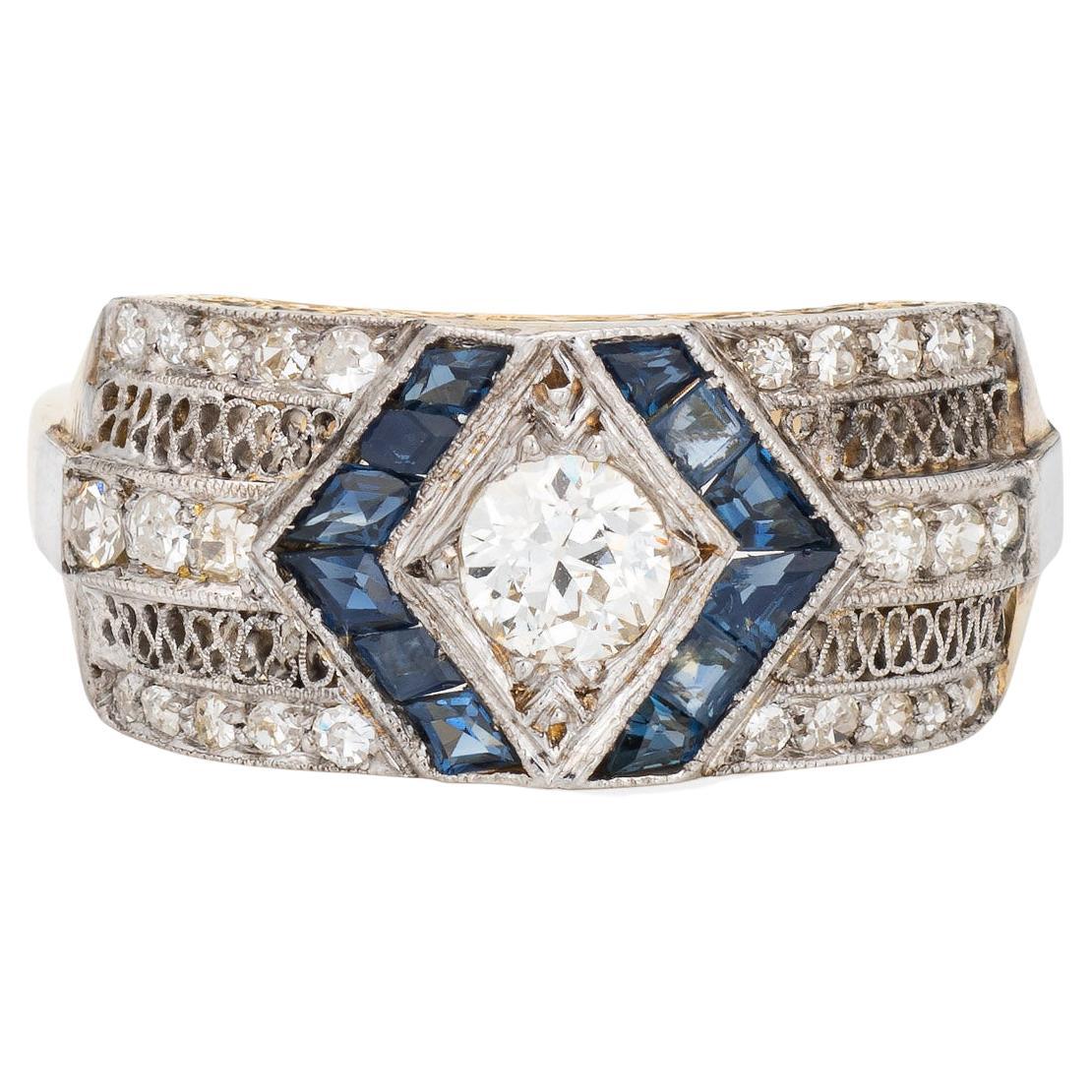 Vintage Art Deco Diamond Sapphire Ring 18k Gold Platinum Band Estate Jewelry
