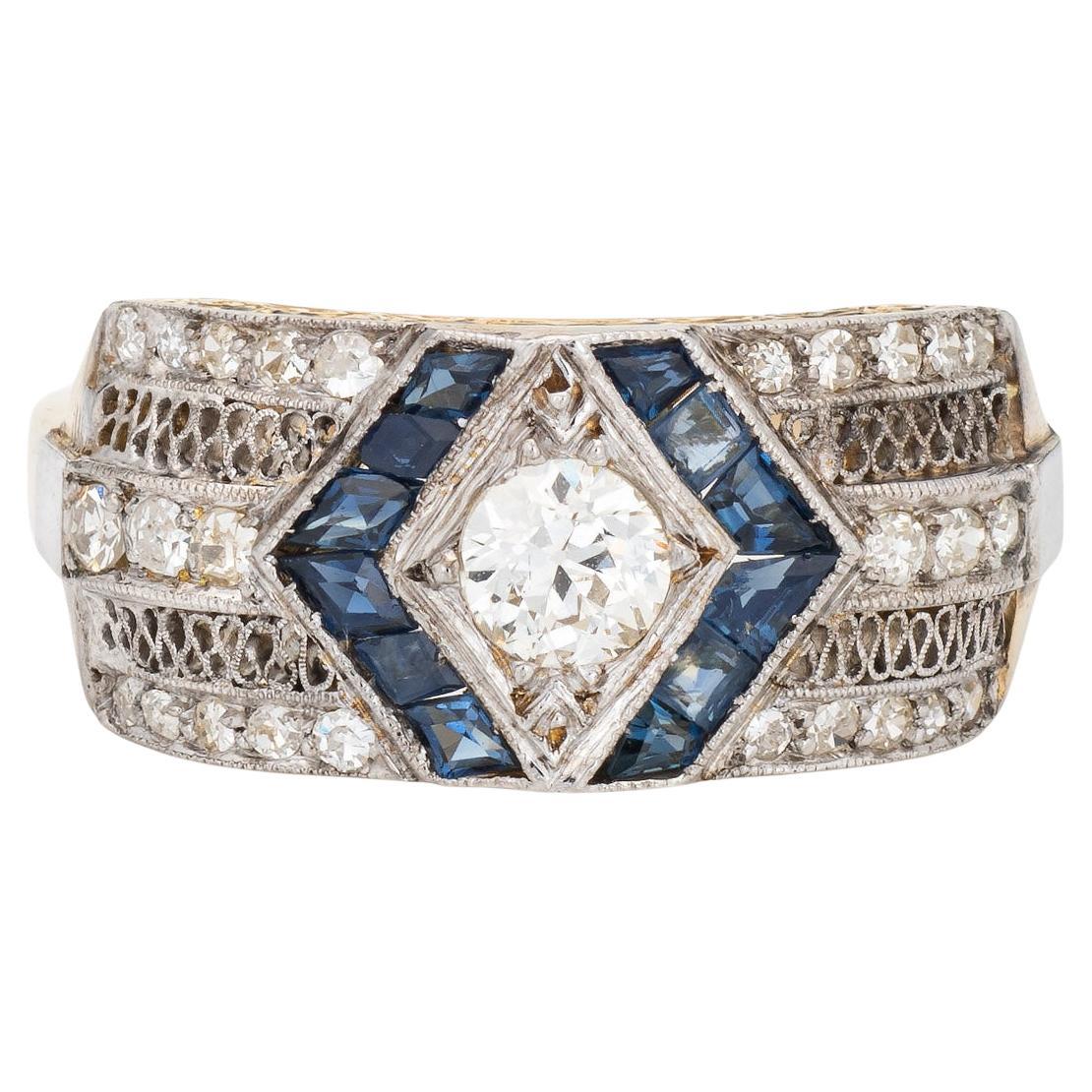Vintage Art Deco Diamond Sapphire Ring 18k Gold Platinum Band Estate Jewelry  For Sale