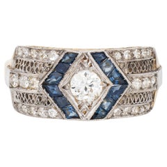 Vintage Art Deco Diamond Sapphire Ring 18k Gold Platinum Band Estate Jewelry 