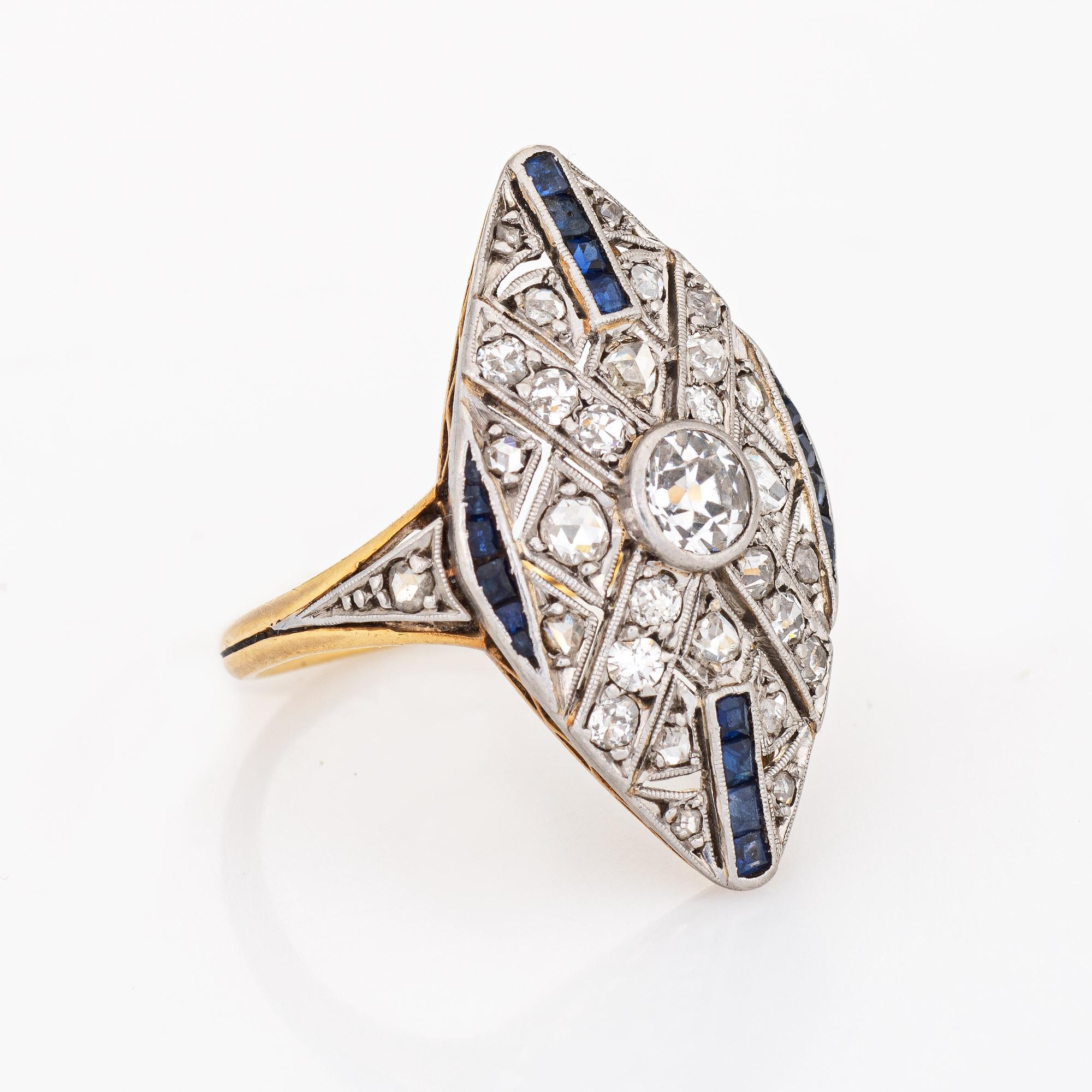 Old European Cut Vintage Art Deco Diamond Sapphire Ring 18k Gold Platinum Plaque Estate Jewelry