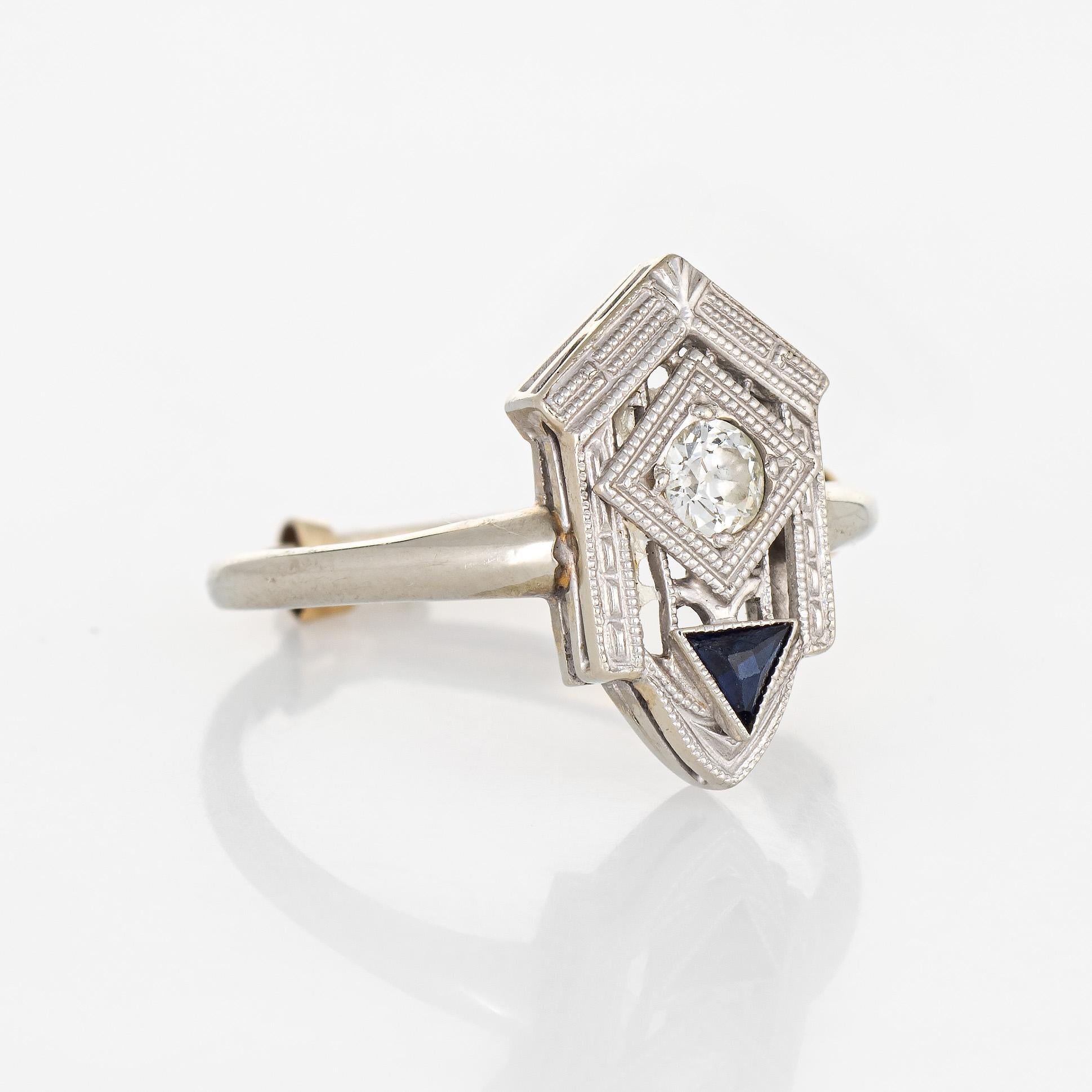 Old European Cut Vintage Art Deco Diamond Sapphire Ring 18 Karat White Gold Fine Antique Jewelry