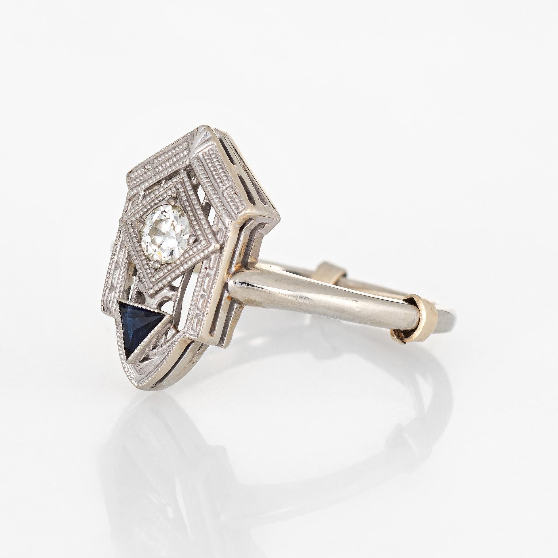 Vintage Art Deco Diamond Sapphire Ring 18 Karat White Gold Fine Antique Jewelry In Good Condition In Torrance, CA