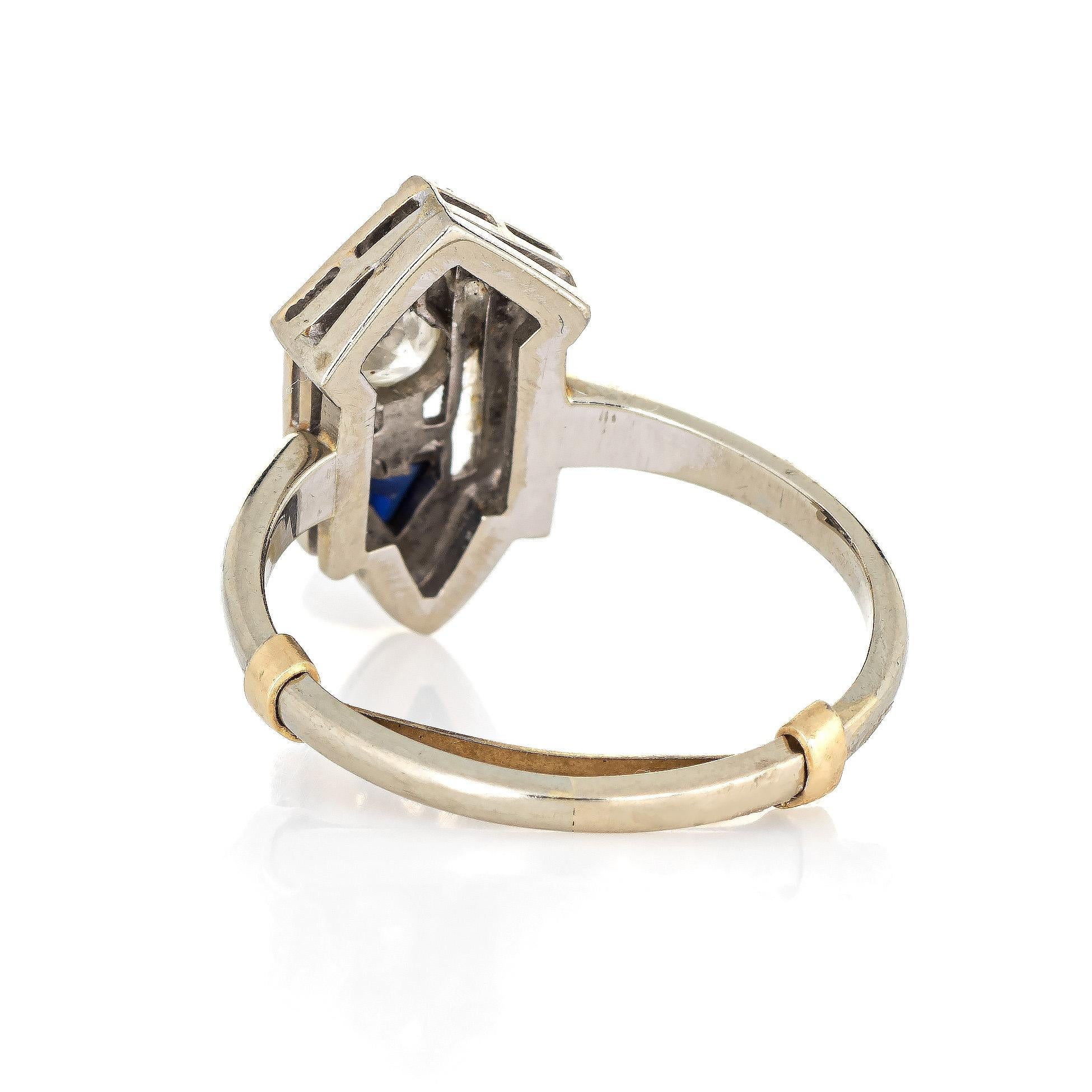 Women's Vintage Art Deco Diamond Sapphire Ring 18 Karat White Gold Fine Antique Jewelry