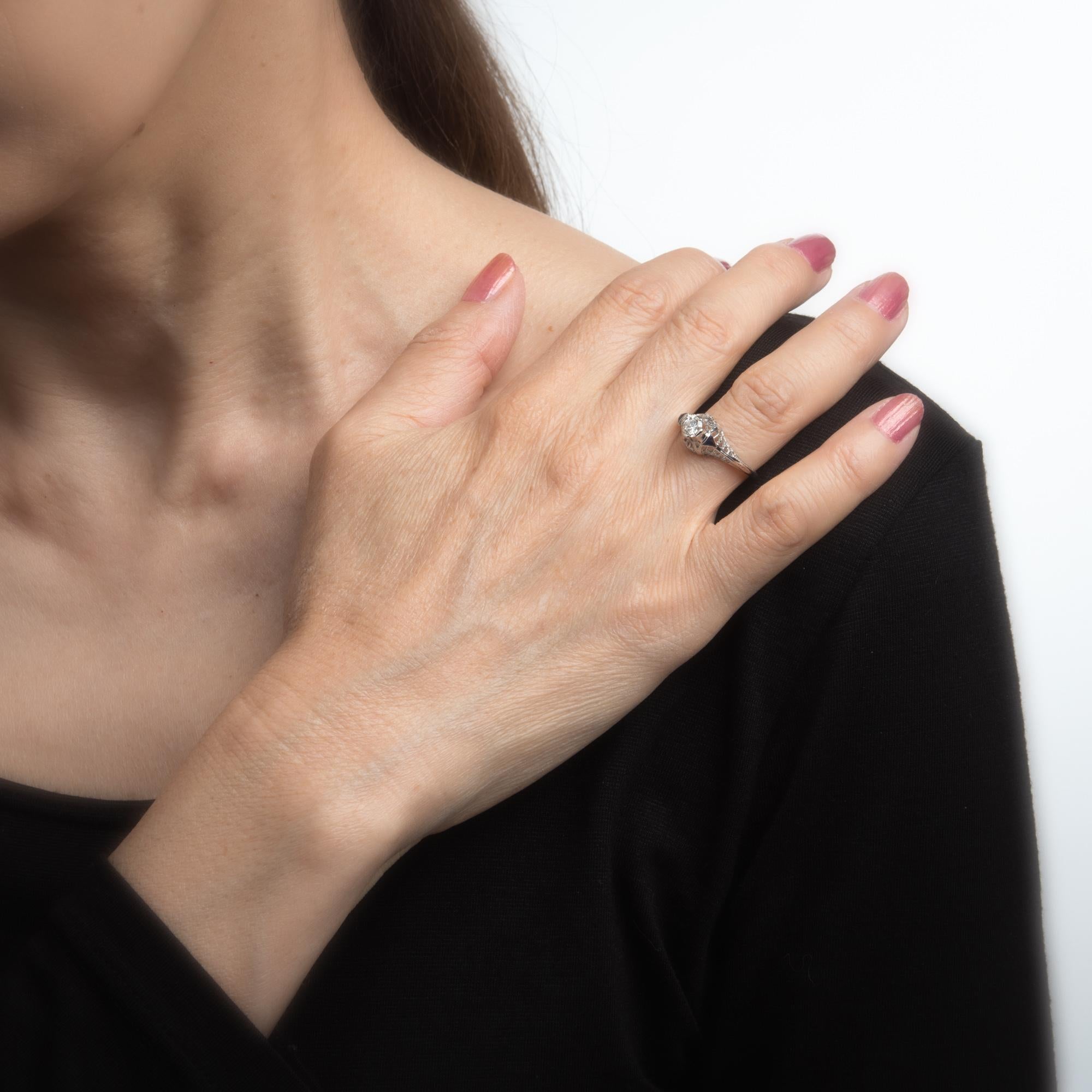 Vintage Art Deco Diamant Saphir Ring 6.25 14k Gold Verlobung Filigranschmuck Damen im Angebot