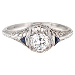 Anello vintage Art Deco con diamante e zaffiro 6,25 in oro 14k Gioielli di fidanzamento in filigrana