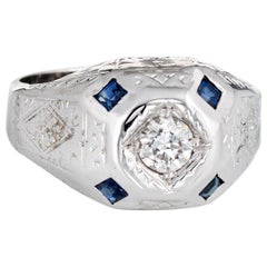 Vintage Art Deco Diamond Sapphire Ring Mens Antique Jewelry 14 Karat White Gold