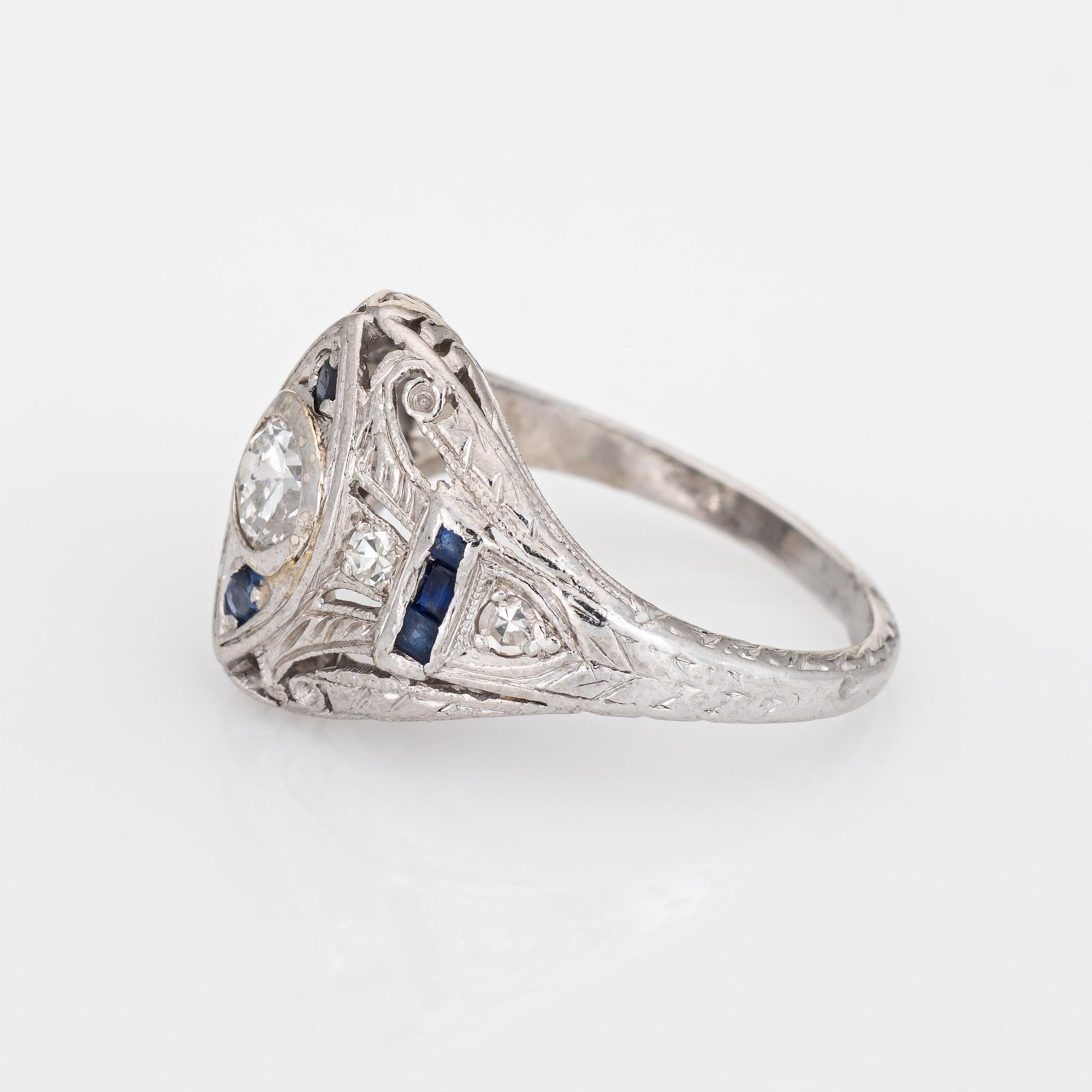 Old European Cut Vintage Art Deco Diamond Sapphire Ring Platinum Filigree Estate Fine Jewelry