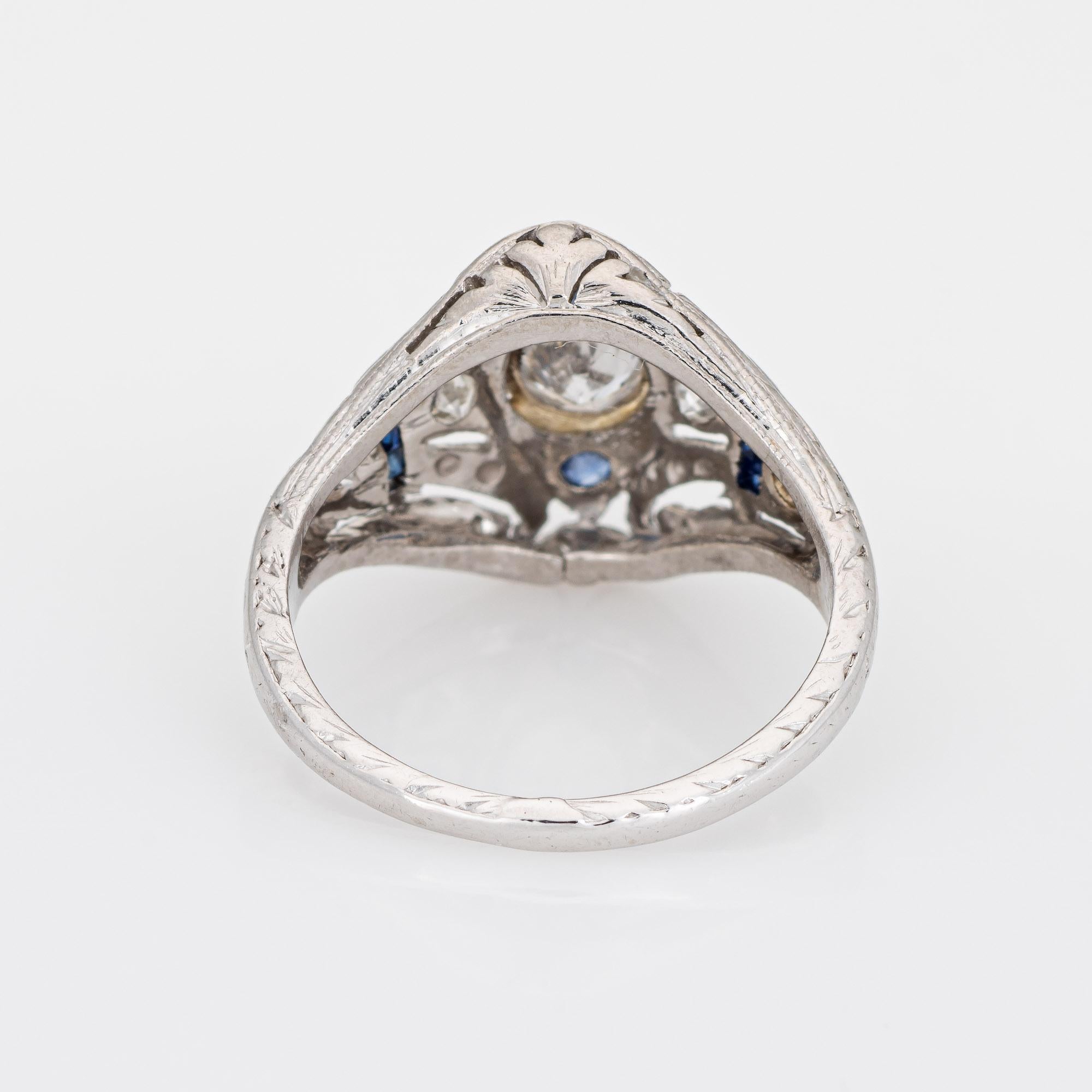 Vintage Art Deco Diamond Sapphire Ring Platinum Filigree Estate Fine Jewelry In Good Condition In Torrance, CA