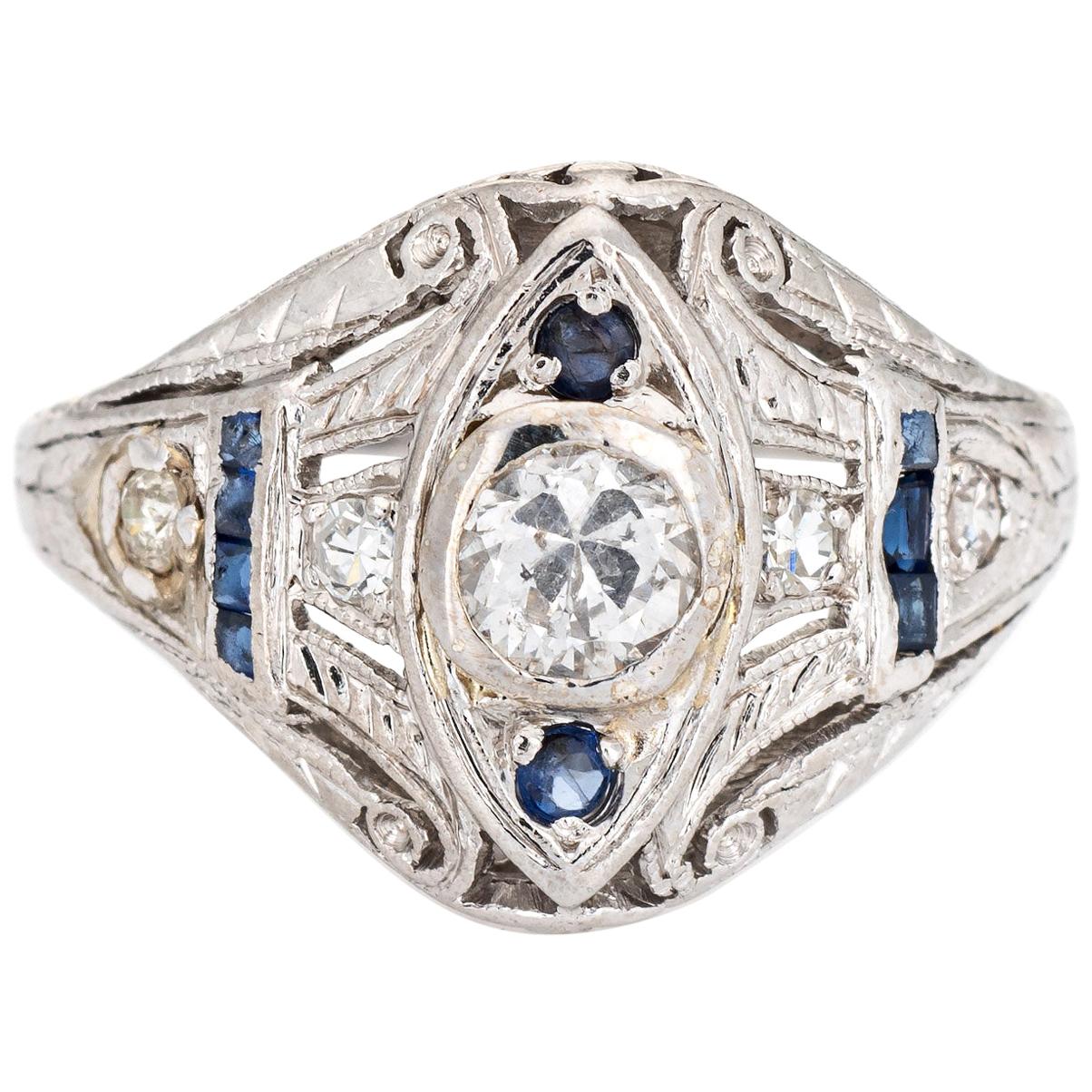 Vintage Art Deco Diamond Sapphire Ring Platinum Filigree Estate Fine Jewelry