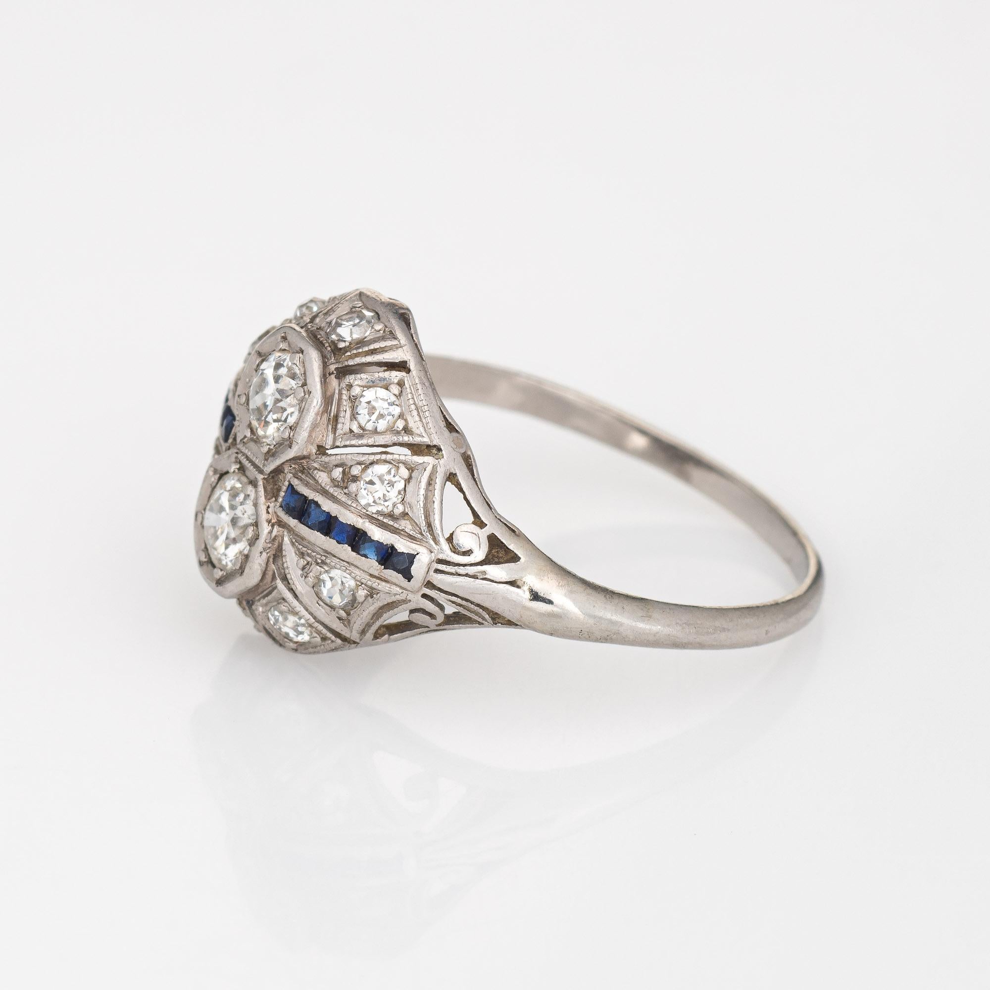 Old European Cut Vintage Art Deco Diamond Sapphire Ring Platinum Estate Filigree Jewelry
