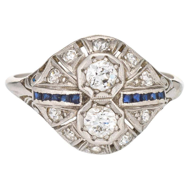 Vintage Art Deco Diamond Sapphire Ring Platinum Estate Filigree Jewelry ...