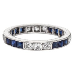 Anello vintage Art Deco con diamante e zaffiro, fascia nuziale in platino per l'eternità