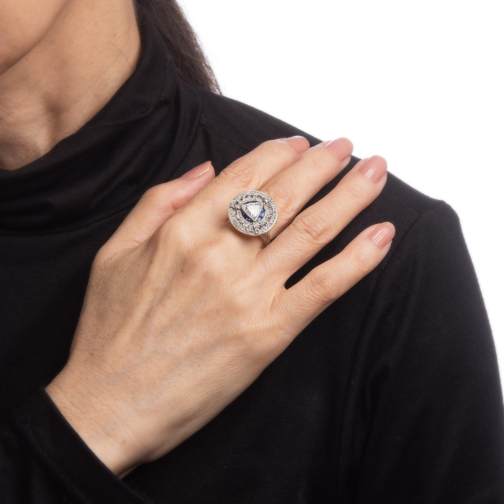 Trillion Cut Vintage Art Deco Diamond Sapphire Ring Round Greek Key Pattern Engagement 6.75  