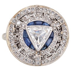 Vintage Art Deco Diamond Sapphire Ring Round Greek Key Pattern Engagement 6.75  
