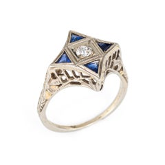 Vintage Art Deco Diamond Sapphire Ring Star Point 18 Karat Gold Antique Jewelry
