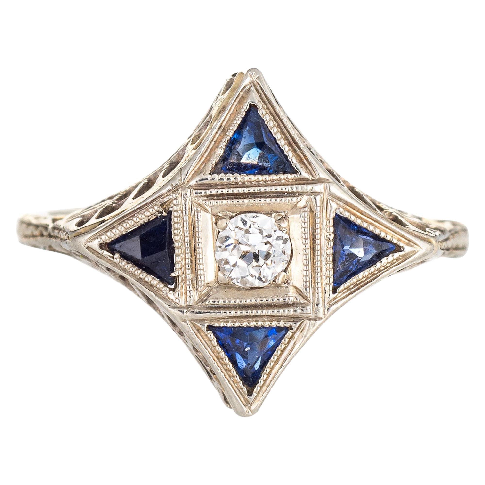 Vintage Art Deco Diamond Sapphire Ring Star Point 18 Karat Gold Antique Jewelry