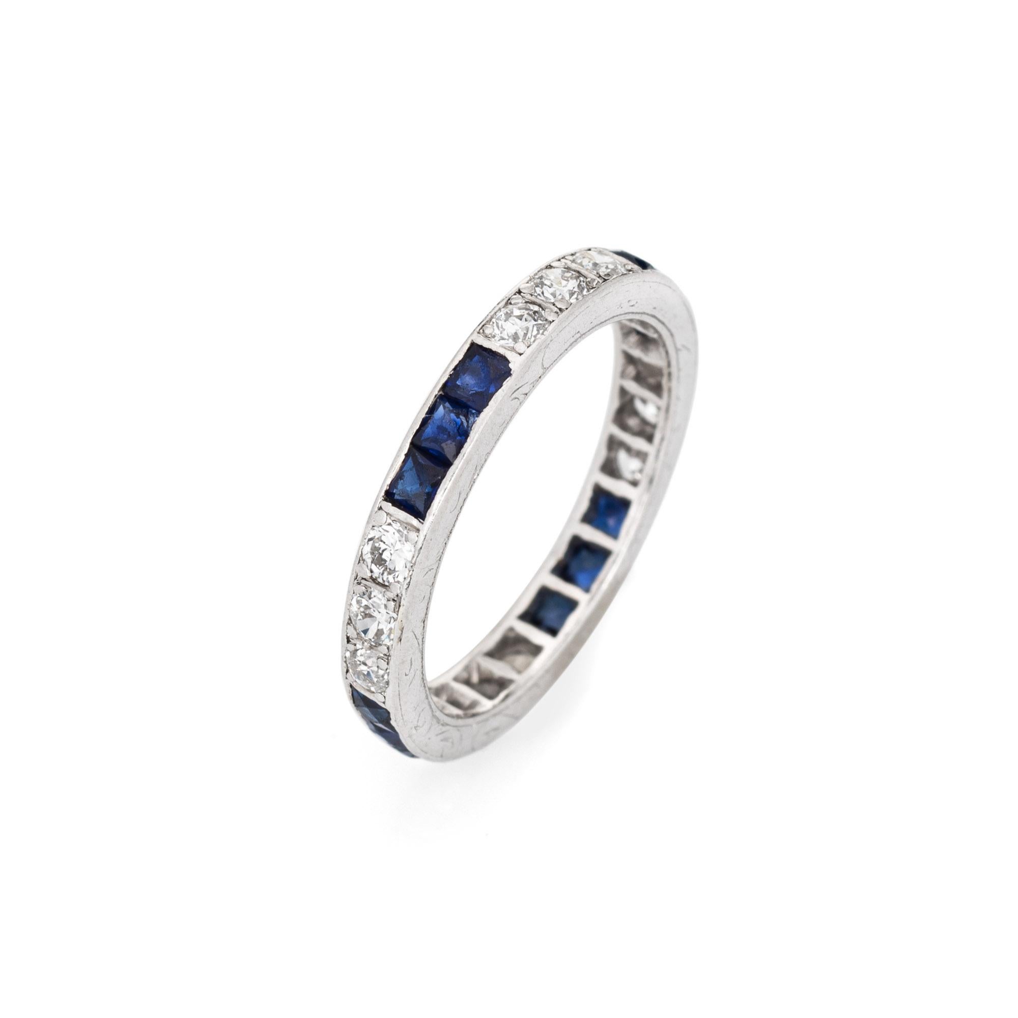 Finely detailed vintage Art Deco diamond & sapphire eternity band (circa 1920s to 1930s) crafted in 900 platinum. 

12 old European cut diamonds total an estimated 0.36 carats (estimated at I-J color and SI1-2 clarity). 12 French cut sapphires total
