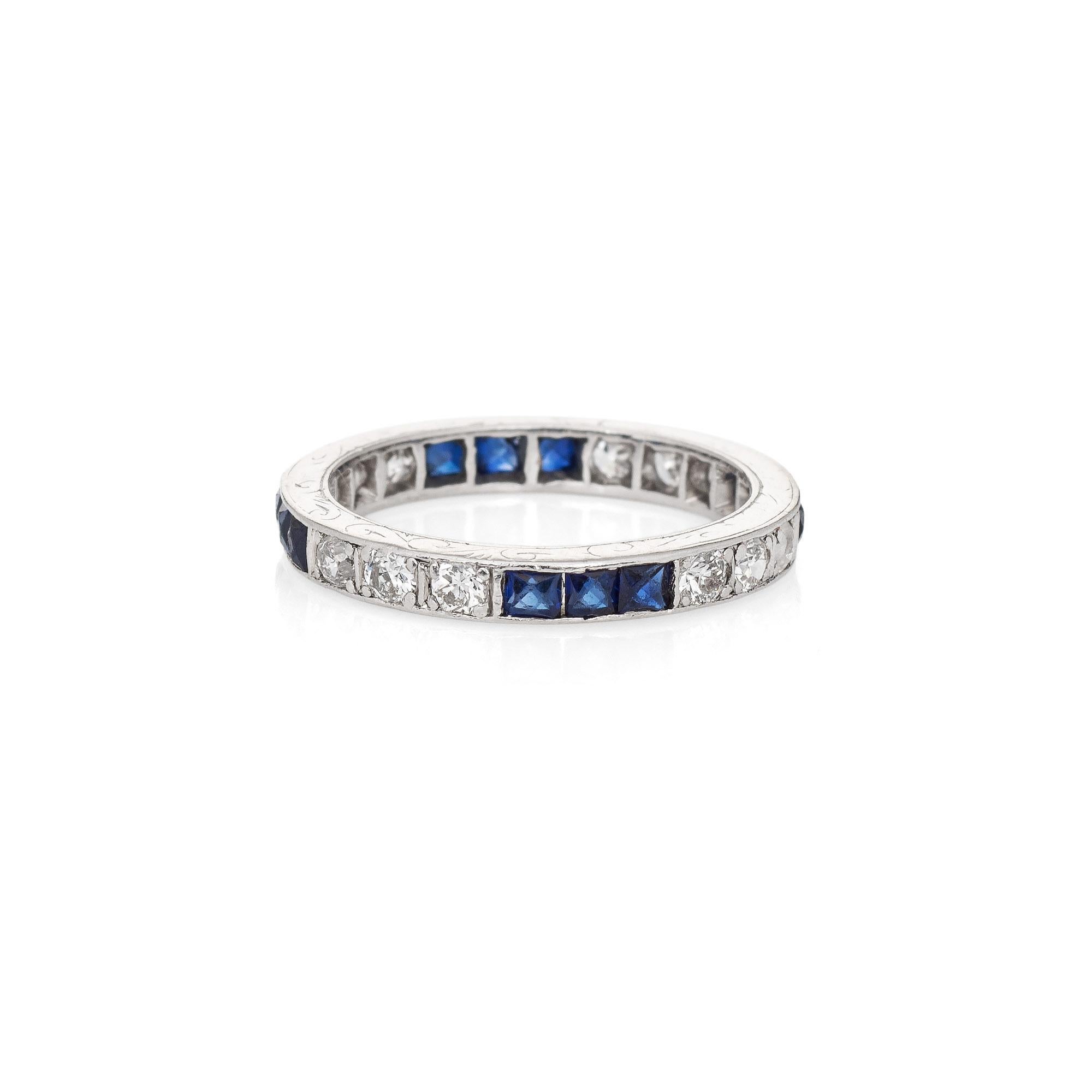 Modern Vintage Art Deco Diamond Sapphire Ring Platinum Wedding Band Eternity